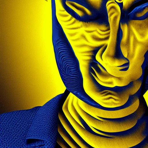 Image similar to human man that resembles a wasp morh in surreal sketch style, blue and yellow gradient, noise, ultrafine detail, hd 8k, logo illustration