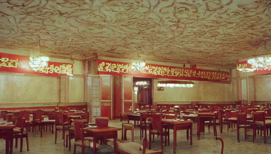Image similar to 70s movie still of empty north-korean royal restaurant palace with propaganda fresco, post-stalinist style, eastmancolor, heavy grain, high quality, higly detailed