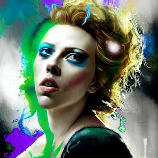 Image similar to drunken scarlett johansson as delirium from sandman, ( hallucinating colorful soap bubbles ), by jeremy mann, by sandra chevrier, by dave mckean and richard avedon and maciej kuciara, punk rock, tank girl, high detailed, one green eye and one blue eye, 8 k