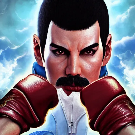 Image similar to freddy mercury as ryu street fighter, face detail, ultra realistic, concept art, intricate details, highly detailed, photorealistic, octane render, 8 k, unreal engine, art by frank frazetta, simon bisley, brom