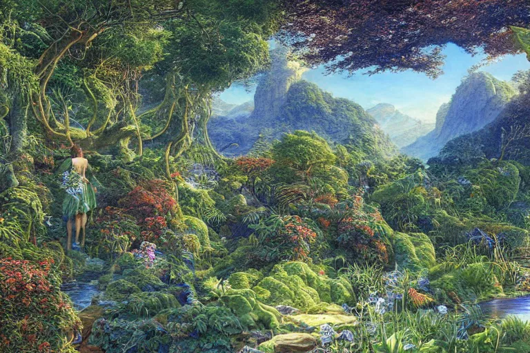 Prompt: hyperdetailed painting of the garden of eden, epic, rendered in octane, painted by alan lee, moebius, giovanni ghisolfi and jan baptist