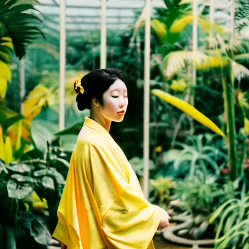 Image similar to Medium format photograph of an perfect woman wearing a yellow kimono in a tropical greenhouse, bokeh