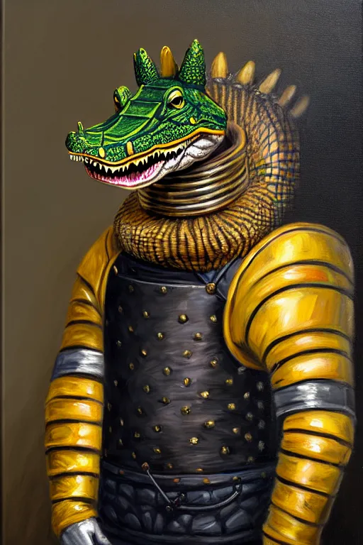 Image similar to royal portrait of an anthropomorphic male alligator fursona in fencing gear, furry art, oil on canvas, dramatic