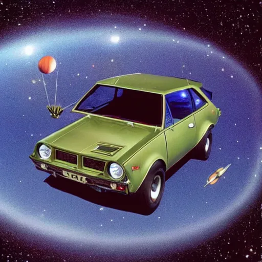 Image similar to An AMC Gremlin floating in space.