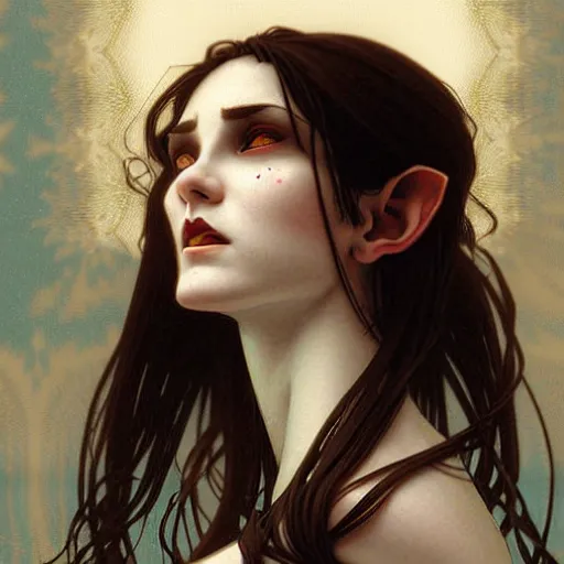 Image similar to Portrait of a pretty half-elf half-vampire young woman. Her hair has black strands and white strands. Her eyes have red irises and vertical pupils. Art by Greg Rutkowski and Alphonse Mucha