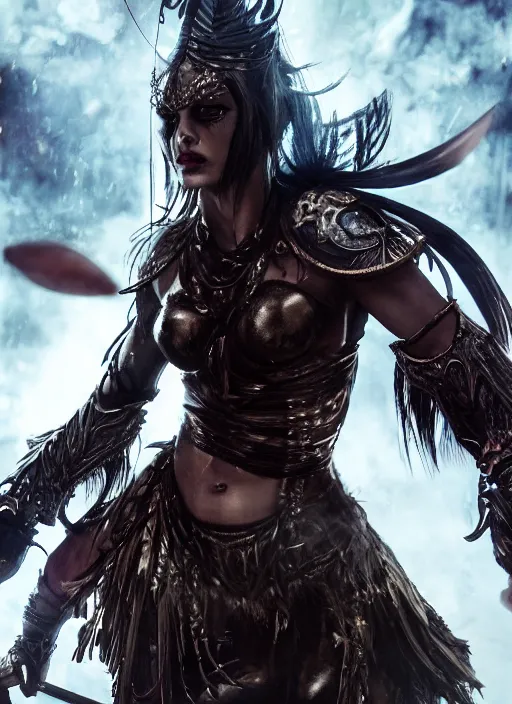 Prompt: movie frame with Angelina As asian warrior fights barbarians with glowing knifes , vertical composition, inspired by monster hunter and dark fantasy and fashion, beautiful body, clean brutal blooded symmetrical face, brutal bloody and sluty make up, epic,dramatic lighting, cinematic, establishing shot, extremely high detail, photorealistic, brutal, provocative , cinematic lighting, artstation, octane render, dark fantasy ,old photo, vintage, black and white, Boris vallejo, sepia, old photography, documentary photography