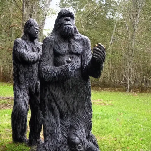 Image similar to black robed group of occultist worshipping a bigfoot statue