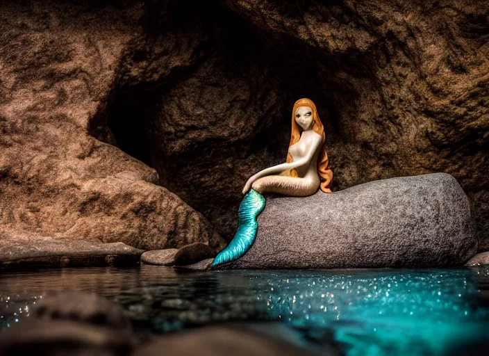 Image similar to fully clothed mermaid sitting on a rock in a river in an underground cave. fantasy magic style. highly detailed 8 k. intricate. lifelike. soft light. sony a 7 r iv 5 5 mm. cinematic post - processing