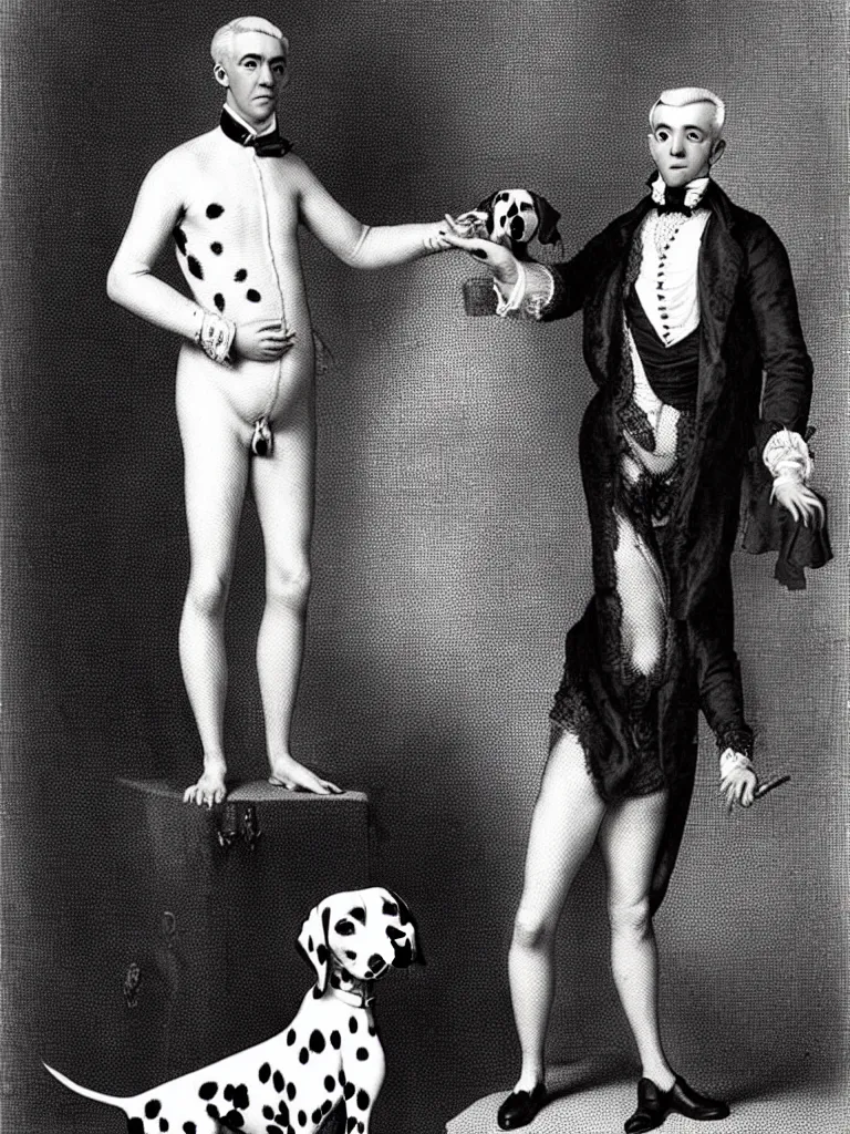 Image similar to a photograph of a dalmatian standing seductively in front of an aristocratic gentleman