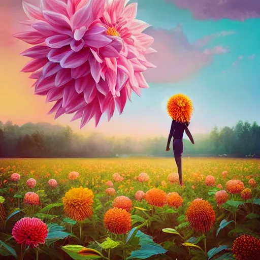 Image similar to giant dahlia flower as head, full body girl standing in a flower field, surreal photography, sunrise, dramatic light, impressionist painting, colorful clouds, digital painting, artstation, simon stalenhag