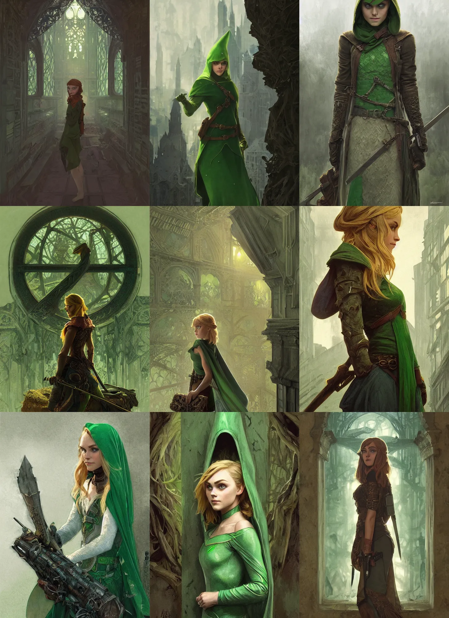 Prompt: Annasophia Robb as Link, green hood, spying discretly, waiting behind a wall, birdseye view, in dark night, intricate, elegant, highly detailed, digital painting, artstation, concept art, sharp focus, illustration, art by greg rutkowski and alphonse mucha and aleksi briclot