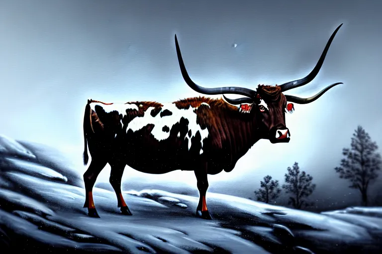 Image similar to an winter painting of a longhorn steer on a high bluff, key visual, concept art, extremely moody lighting, highly detailed, digital painting, artstation, unreal engine