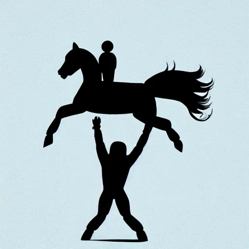 Image similar to an astronaut standing on the ground and a small trippy aggressive centaur standing on that poor human being standing on all fours astronaut raising his arms up, really trying to ride it, the horse is on his shoulders and grabbing them, minimalist style, 3 d render, isometry