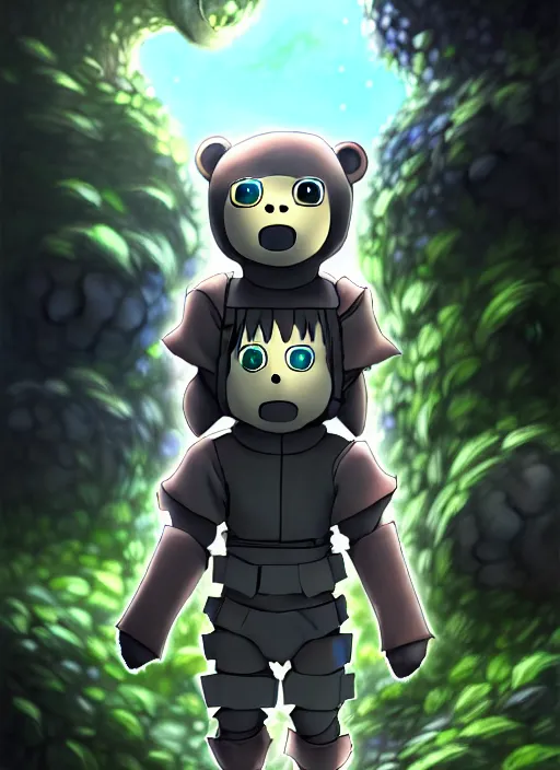 Image similar to beautiful little boy wearing an cyborg bear suit, artwork in kentaro miura and made in abyss and rosdraws, smooth, beautiful lightness, anatomically correct, trending on pixiv, forest