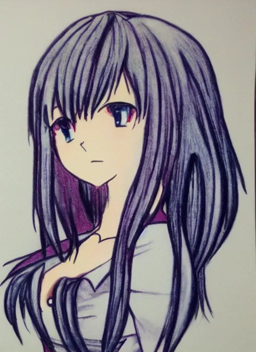 Image similar to drawn anime woman in business clothing, crayon art, very silly, very anime