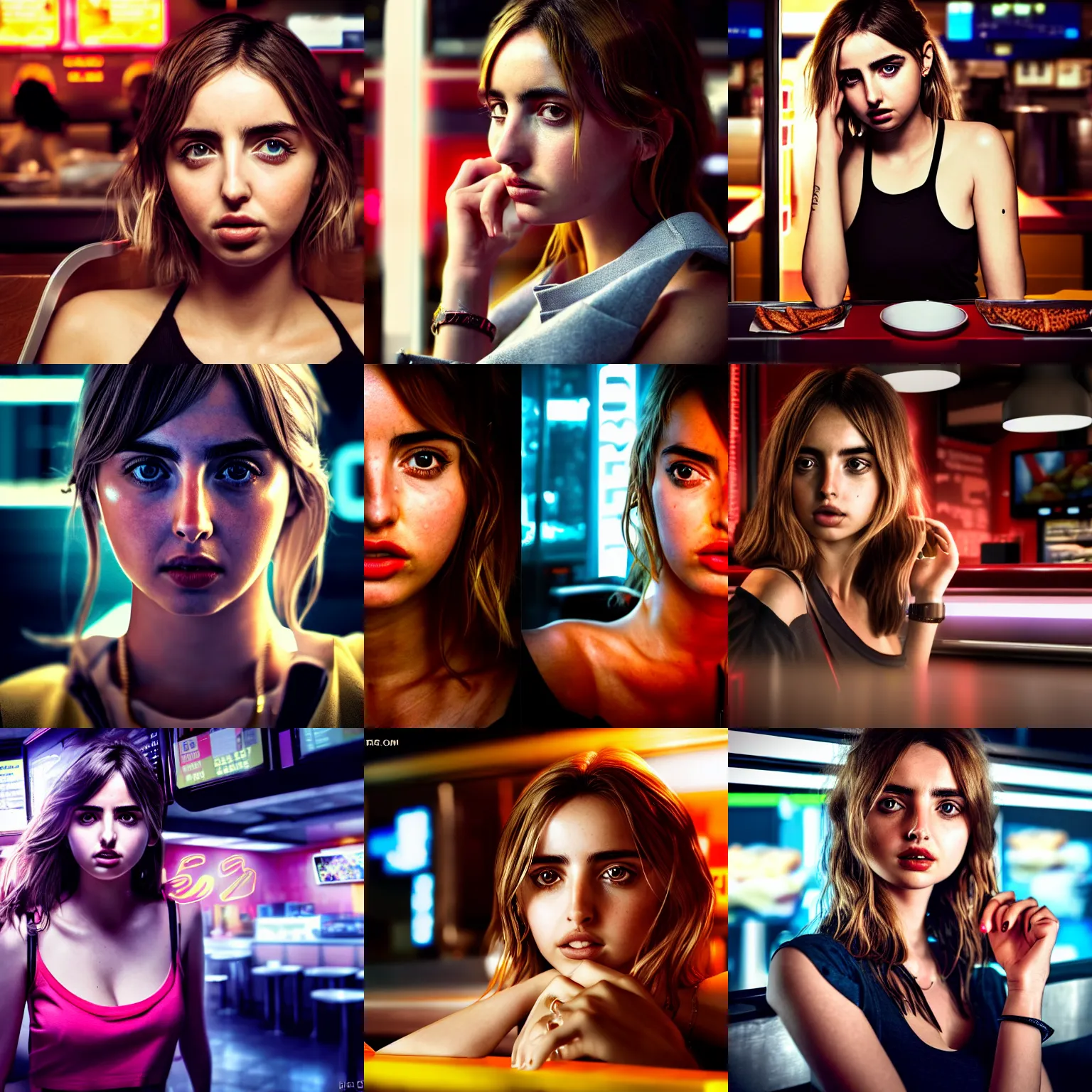 Prompt: ultra realistic, hyper detailed, ana de armas portrait working in a fast food restaurant, cinematic, cyberpunk, deep focus, cyberpunk lights, photoreal, 5 0 mm