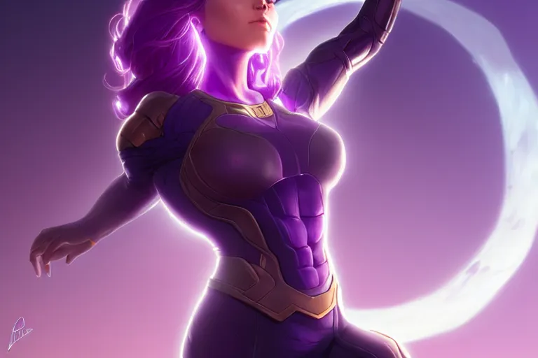 Image similar to female thanos, by charlie bowater, artgerm, ilya kuvshinov, krenz cushart, ruan jia, realism, ultra detailed, 8 k resolution, big thanos chin, standing posture