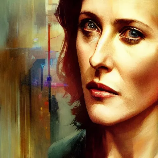 Image similar to gillian anderson, hyperrealistic portrait, bladerunner street, art of elysium by jeremy mann and alphonse mucha, fantasy art, photo realistic, dynamic lighting, artstation, poster, volumetric lighting, very detailed face, 4 k, award winning