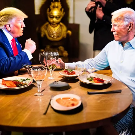 Image similar to Trump and Biden having dinner at a fancy Balinese restaurant, award winning photography, 85mm, perfect faces