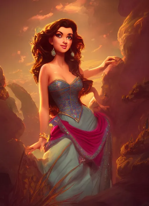 Image similar to disney esmeralda, concept art, elegent, magic background, character portrait, dynamic lighting, octane render aesethic, matte painting, gaudy colors, detailed