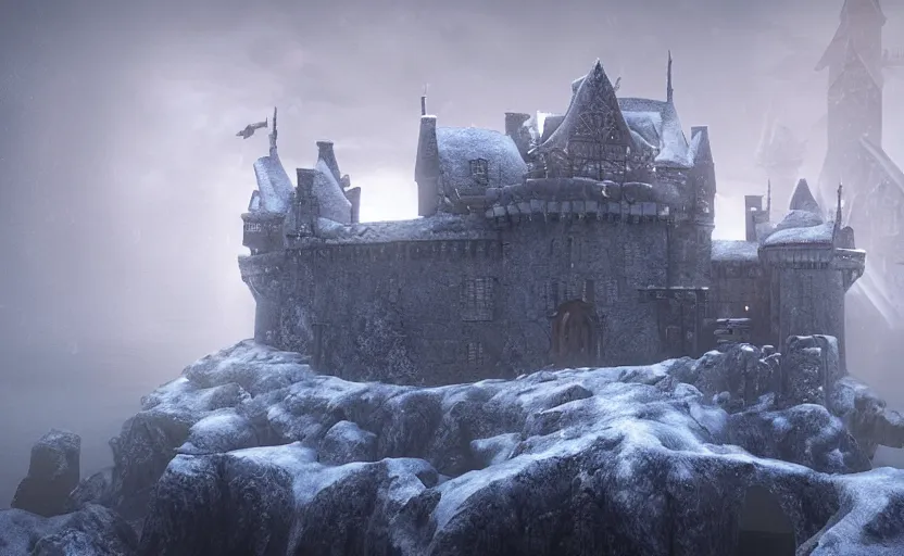 Image similar to magnificent castle besides the sea in the snowstorm at dark night, doomy, Unreal Engine, cinematic photography, highly-detailed, games of thrones, HBO, high resolution, 8k, photorealistic, stunning volumetric lighting