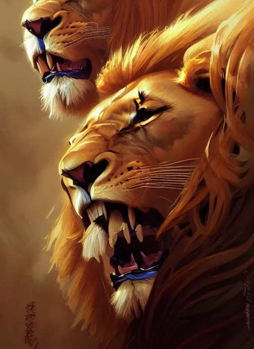 Prompt: portrait of aggressive lion humanoid, d & d, muscular!, fantasy, intricate, elegant, highly detailed, digital painting, artstation, concept art, smooth, sharp focus, illustration, art by artgerm and greg rutkowski and alphonse mucha