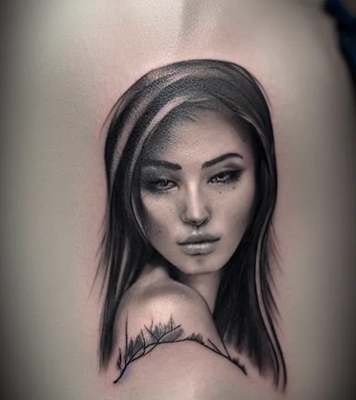 Image similar to tattoo design sketch of a beautiful woman face against a background of beautiful mountains and nature, hyper - realistic, in the style of den yakovlev, amazing detail, black and white