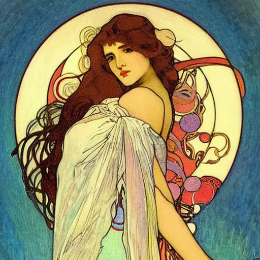 Image similar to The Goddess of Art, in the style of Octavia Ocampo, Mucha, Kandinsky