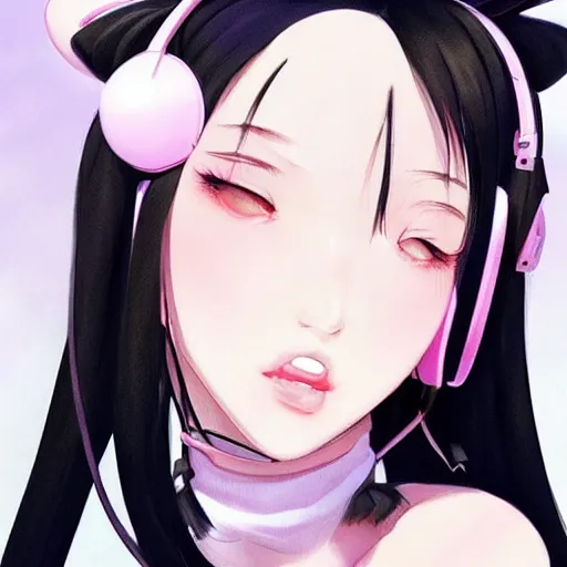 Image similar to realistic beautiful gorgeous buxom natural cute blushed shy girl Blackpink Lalisa Manoban black hair cute fur black cat ears, wearing white camisole, headphones, black leather choker artwork drawn full HD 4K highest quality in artstyle by professional artists WLOP, Taejune Kim, Guweiz, Aztodio on Pixiv Instagram Artstation