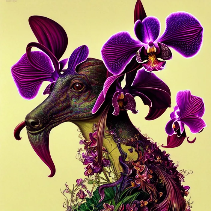 Image similar to psychedelic animal made of orchid, diffuse lighting, fantasy, intricate, elegant, highly detailed, lifelike, photorealistic, digital painting, artstation, illustration, concept art, smooth, sharp focus, art by John Collier and Albert Aublet and Krenz Cushart and Artem Demura and Alphonse Mucha
