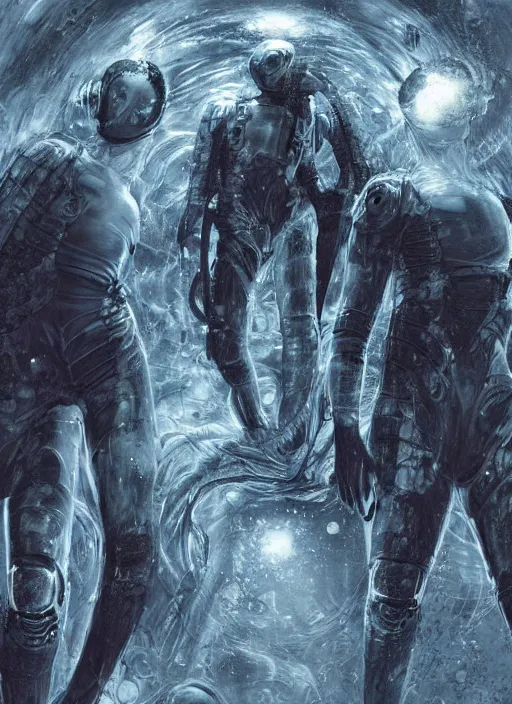 Image similar to astronauts in dark and empty void underwater - complex and hyperdetailed technical suit. reflection and dispersion materials. rays and dispersion of light. volumetric light. 5 0 mm, f / 3 2. noise film photo. flash photography. ultra realistic, wide angle. poster by wayne barlowe, hajime sorayama aaron horkey, craig mullins