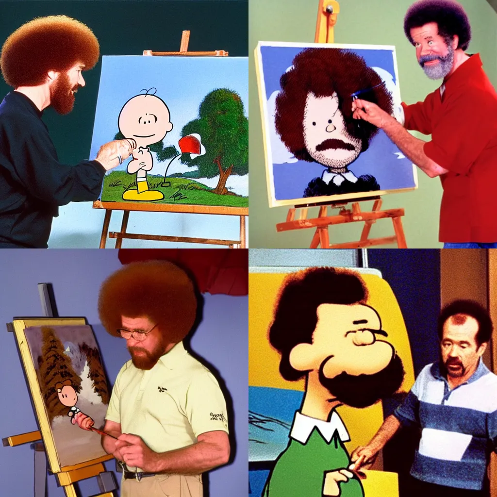 Prompt: Bob Ross painting a picture of Charlie Brown, tv show, 90s,