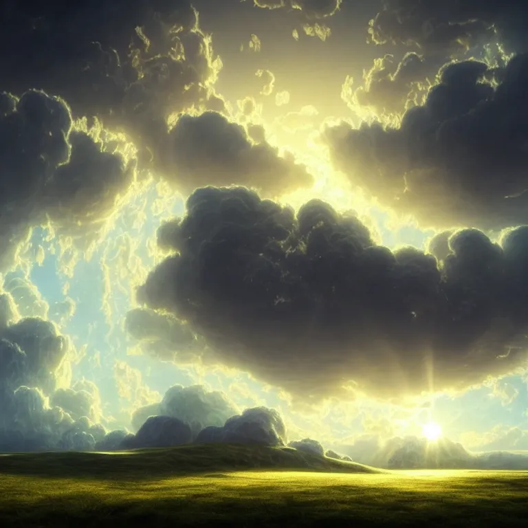 Image similar to beautiful landscape, sunny sky with fluffy clouds, iredescent soft glow bloom effect, dream - like, baroque portrait painting, perfect composition, beautiful detailed intricate detailed octane render, unreal engine 5, trending on artstation, 8 k, photorealistic, volumetric cinematic perfect light, chiaroscuro, masterpiece, raphael, caravaggio, beksinski, giger