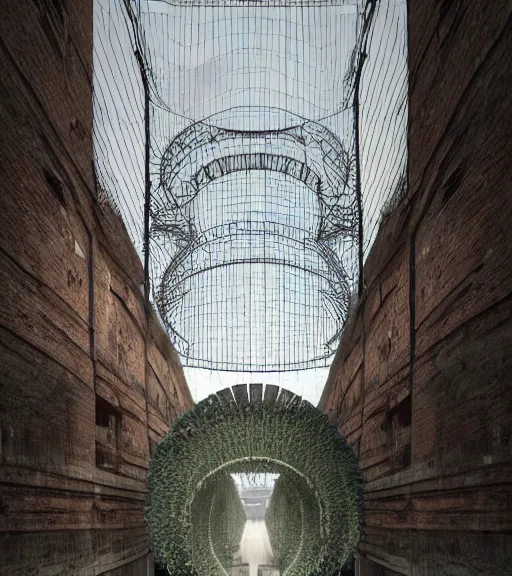 Image similar to hemp ropes in structure, former gasometer in rome, white sheets, trending on artstation, behance, octane render, award winning, archviz, matte painting, epic