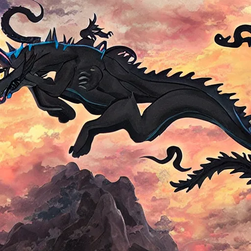 Prompt: an anime black cat riding a dragon over a vast fantasy landscape