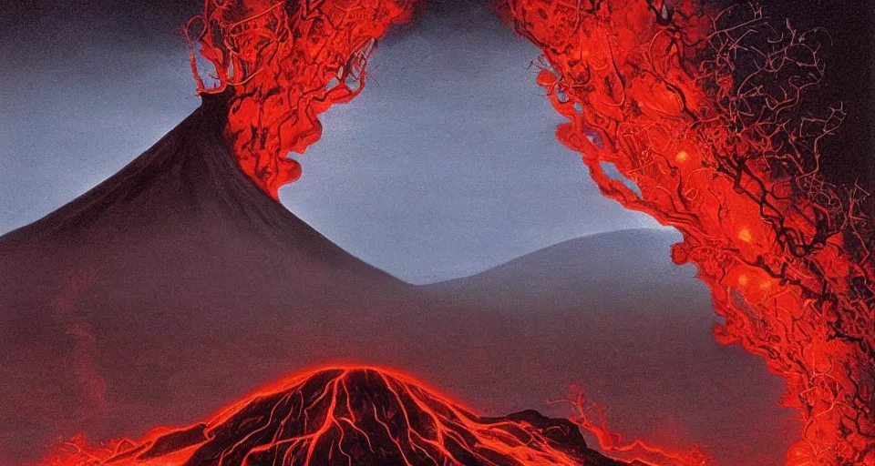 Prompt: a volcano made of ivory vines and crimson rocks enters in eruption, it spits a smoke in the shape of demonic eye, by David A. Hardy