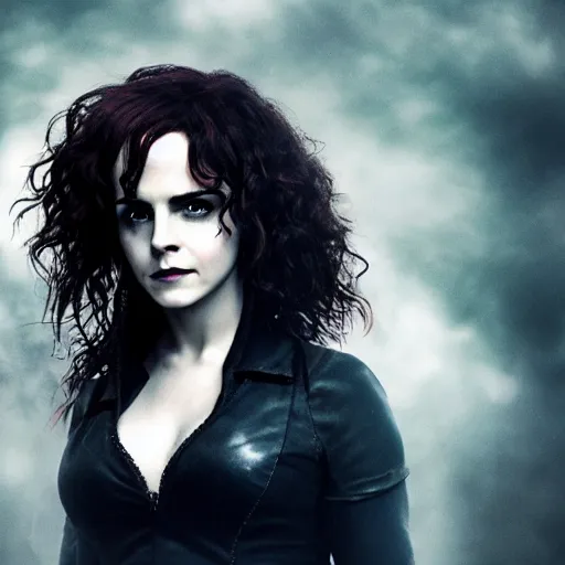 Prompt: Bellatrix Lestrange cosplay by Emma Watson, 8k, professional photography, cinematic studio shot, dark, smoke