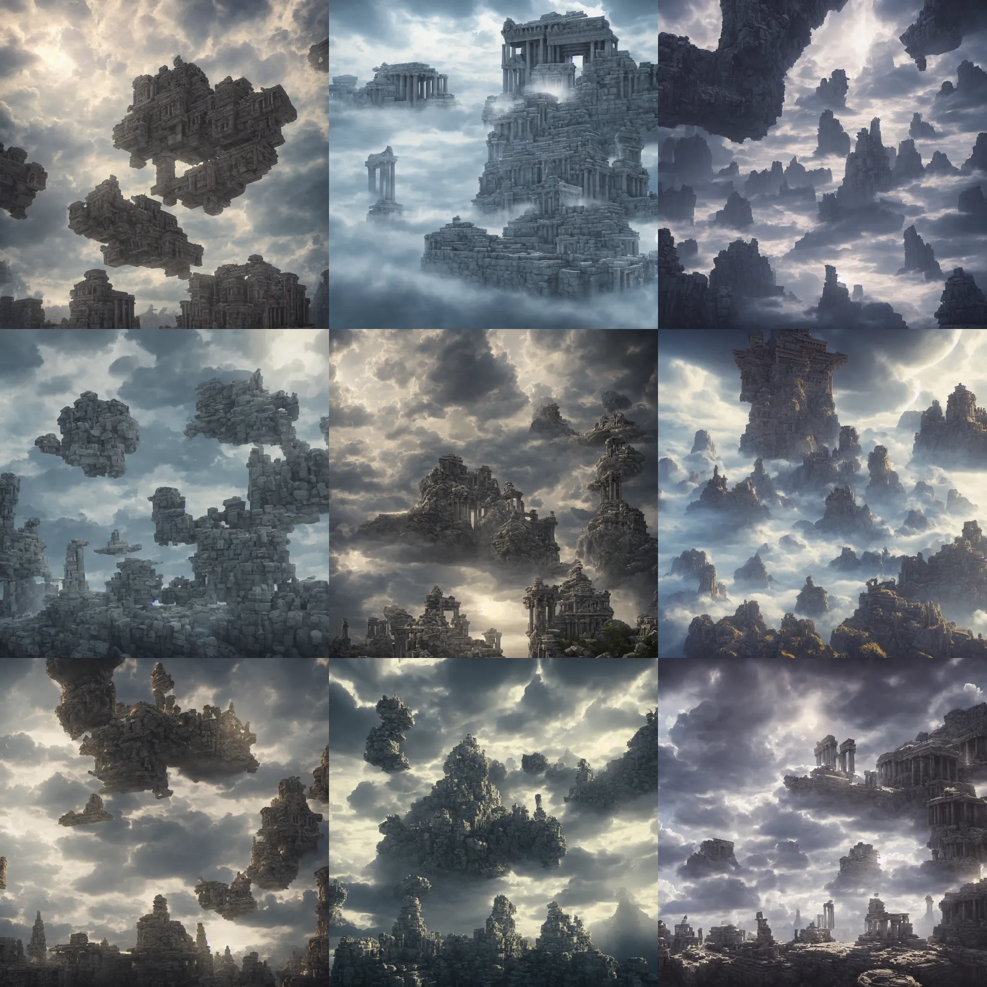 Prompt: floating olympian temples on clouds, dramatic lighting, epic, octane render, volumetric light, unreal engine, artbreeder, 8 k, background, scene, digital, artwork, high quality, 8 k