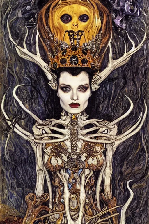 Image similar to The Queen of Bones by Karol Bak, Jean Deville, Gustav Klimt, and Vincent Van Gogh, portrait of a majestic demonic queen, vampiress, jade green cat eyes on fire, mystic eye, otherworldly, crown made of bones, antlers, horns, ornate jeweled crown, skull, fractal structures, arcane, inferno, inscribed runes, infernal relics, ornate gilded medieval icon, third eye, spirals, rich deep moody colors