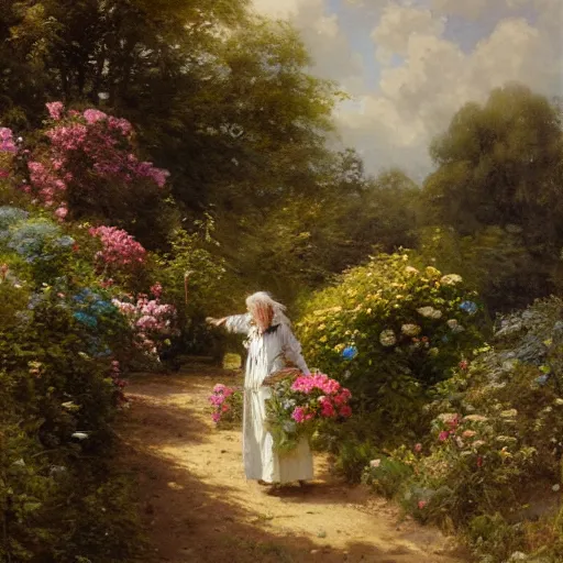 Image similar to landscape jean-Baptiste Monge and Solomon Joseph Solomon and Richard Schmid and Jeremy Lipking victorian landscape genre painting portrait painting of an english country cottage with a stone path and flower garden