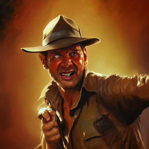Prompt: close up indiana jones stealing a pepperoni pizza, its sloppy wet and gross, that is on a pedastal painted by greg rutkowski