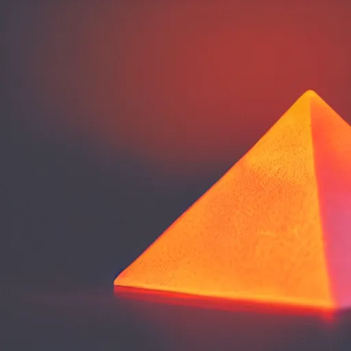 Image similar to a small glowing orange pyramid floating above an open palm, dark lighting