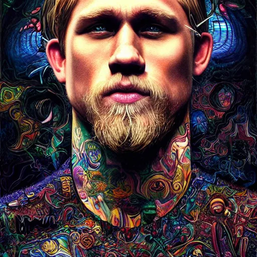 Image similar to portrait of charlie hunnam, hyper detailed masterpiece, neon floral pattern, jean giraud, digital art painting, darkwave goth aesthetic, psychedelic, artgerm, donato giancola and tom bagshaw