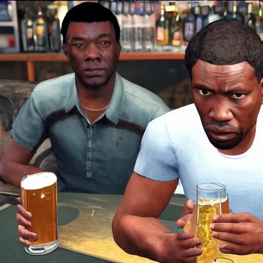 Image similar to Trevor Phillips GTA Wiki drinking a beer in a pub with Black Panther in GTA 5, photorealistic, light rays, masterpiece