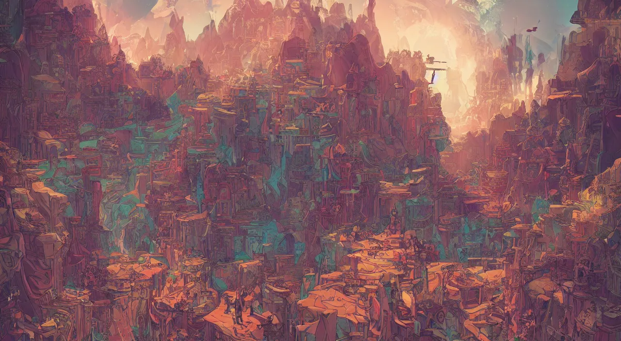 Image similar to vector wonderland bazaar zouk old egypt sky shine epic fantasy painting photoshop that looks like it is from borderlands and by feng zhu and loish and laurie greasley, victo ngai, andreas rocha, john harris