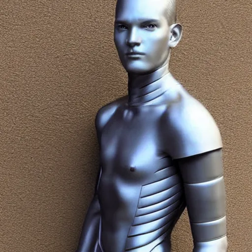 Image similar to “a realistic detailed photo of a guy who is an attractive humanoid who is half robot and half humanoid, who is a male android, twitch streamer and youtuber Ludwig Ahgren, shiny skin, posing like a statue, blank stare”