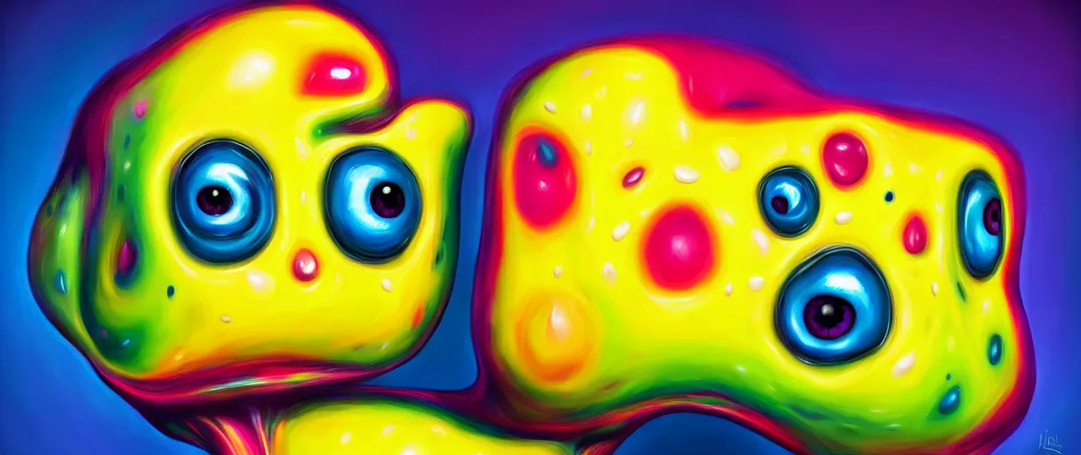 Image similar to hyperrealistic popart supercute droopy melting! multicolored ice cream with eyes jason limon digital painting dramatic yellow lighting high angle hd 8k sharp shallow depth of field