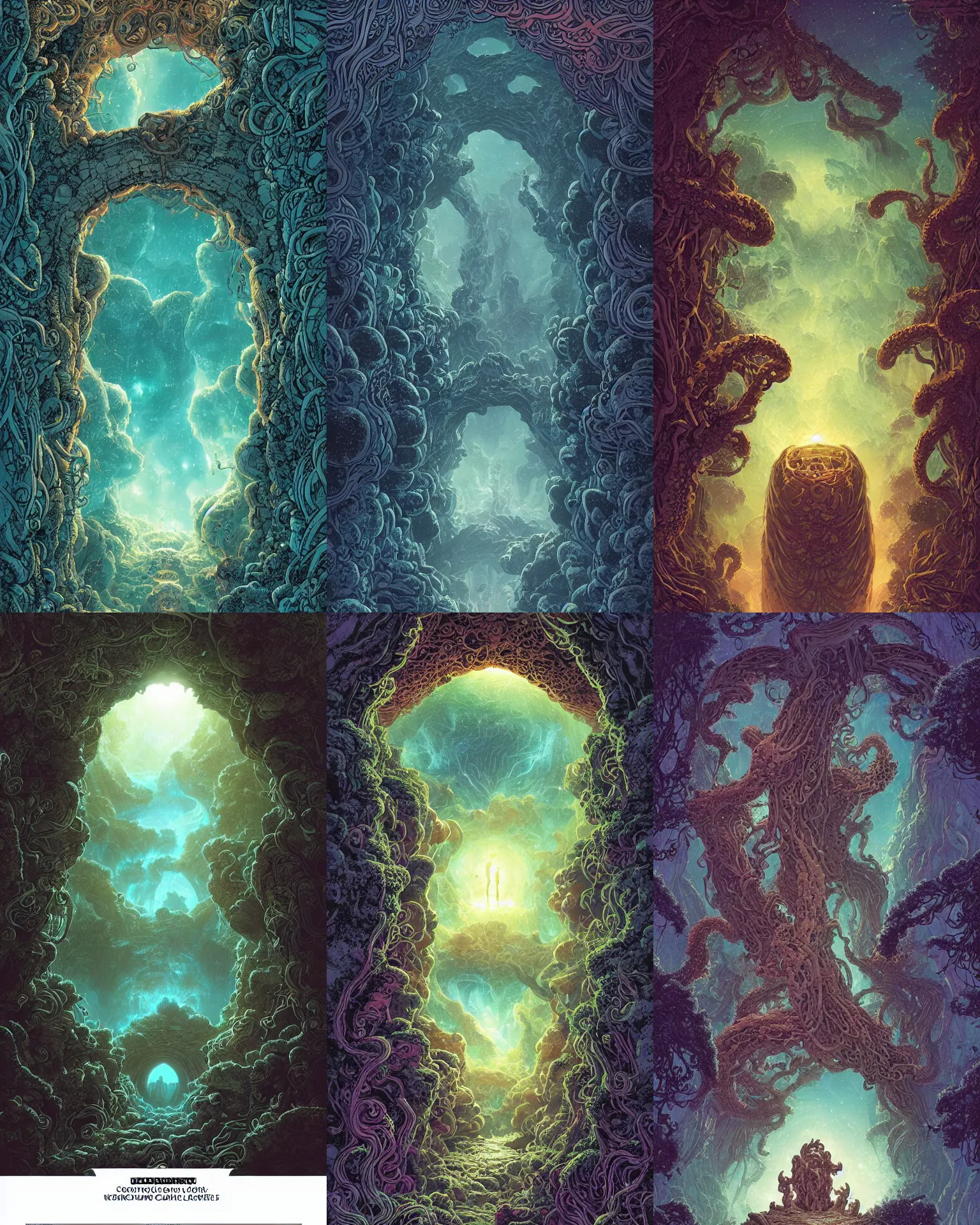 Prompt: a beautiful ultradetailed comic cover art of a gigantic ancient cosmic nebulae stone-arch portal in the jungle, by Laurie Greasley and Peter Mohrbacher and Quentine Mabilles and Dan Mumford, tarot card art, long wispy tentacles, dramatic lighting