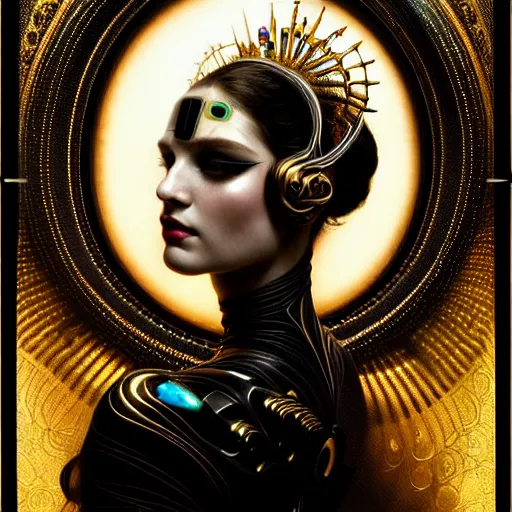 Image similar to extremely psychedelic beautiful cyborg queen of lsd infected by night. intricate, elegant, highly detailed, extremely lifelike photorealistic digital painting, artstation. steichen, gaston bussiere, tom bagshaw, cyberpunk alphonse mucha. elegant minimalism. anatomically correct. sultry rage. sharp focus. gold and black, white accents. lifelike