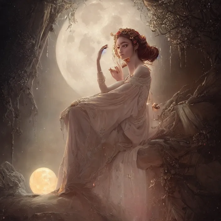 Image similar to a beautiful digital painting of a princess, princess, the moon behind her, intricate, cinematic lighting, highly detailed, digital painting, concept art, smooth, sharp focus, illustration, art by tom bagshaw, artgerm and greg rutkowski